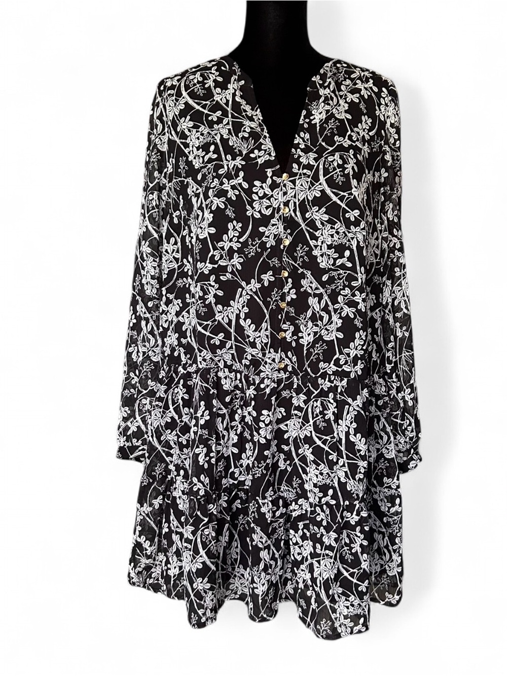 LOFT Black & White Floral V-Neck Tiered Long-Sleeve Dress S, Lightweight NWT